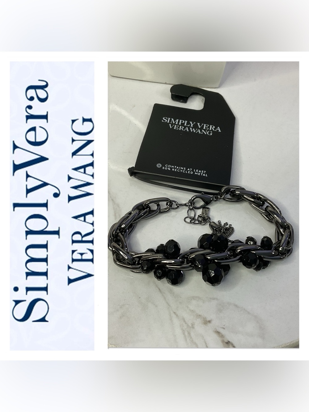 🌟🌟 Simply Vera Vera Wang Gunmetal Black Beaded Multi-Chain Bracelet